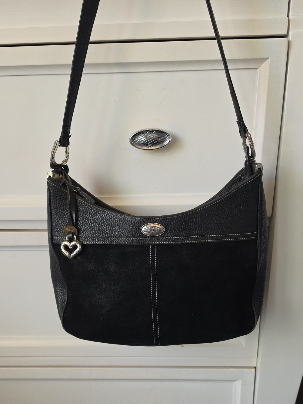 Brighton Black Suede & Leather Shoulder Bag with Heart Charm